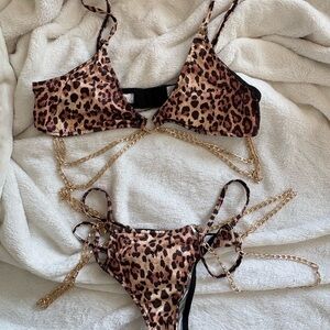 SHEIN Leopard Print Gold Chain Bikini Set - Brown Black